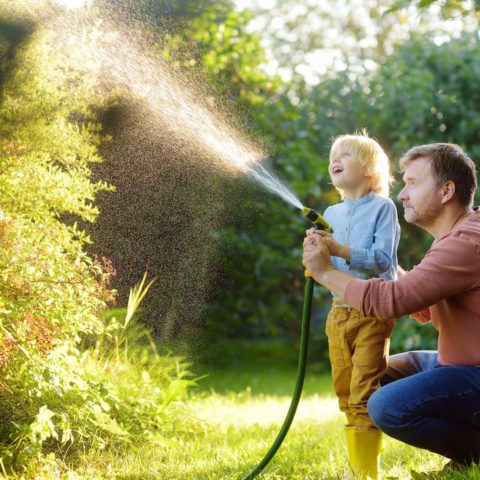 Funny Little Boy With His Father Watering Plants And Playing Wit