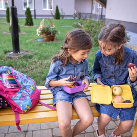 Back To School. Cute Little School Girls Sitting On Bench In Sch